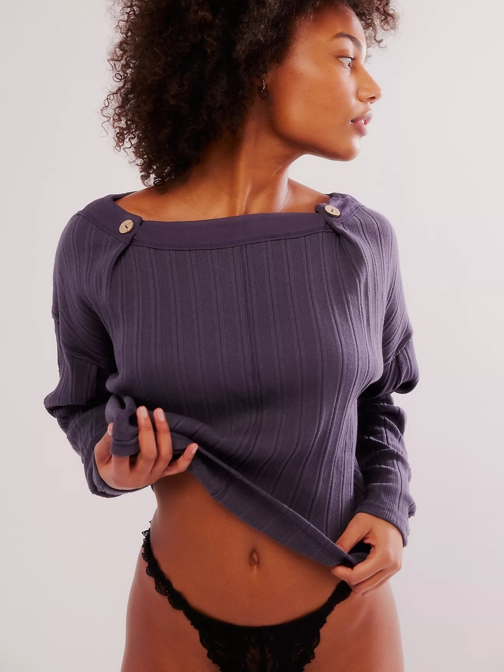 Free People Intimately FP Good Feels Pullover Organic Rib Cotton Sweater M Grey